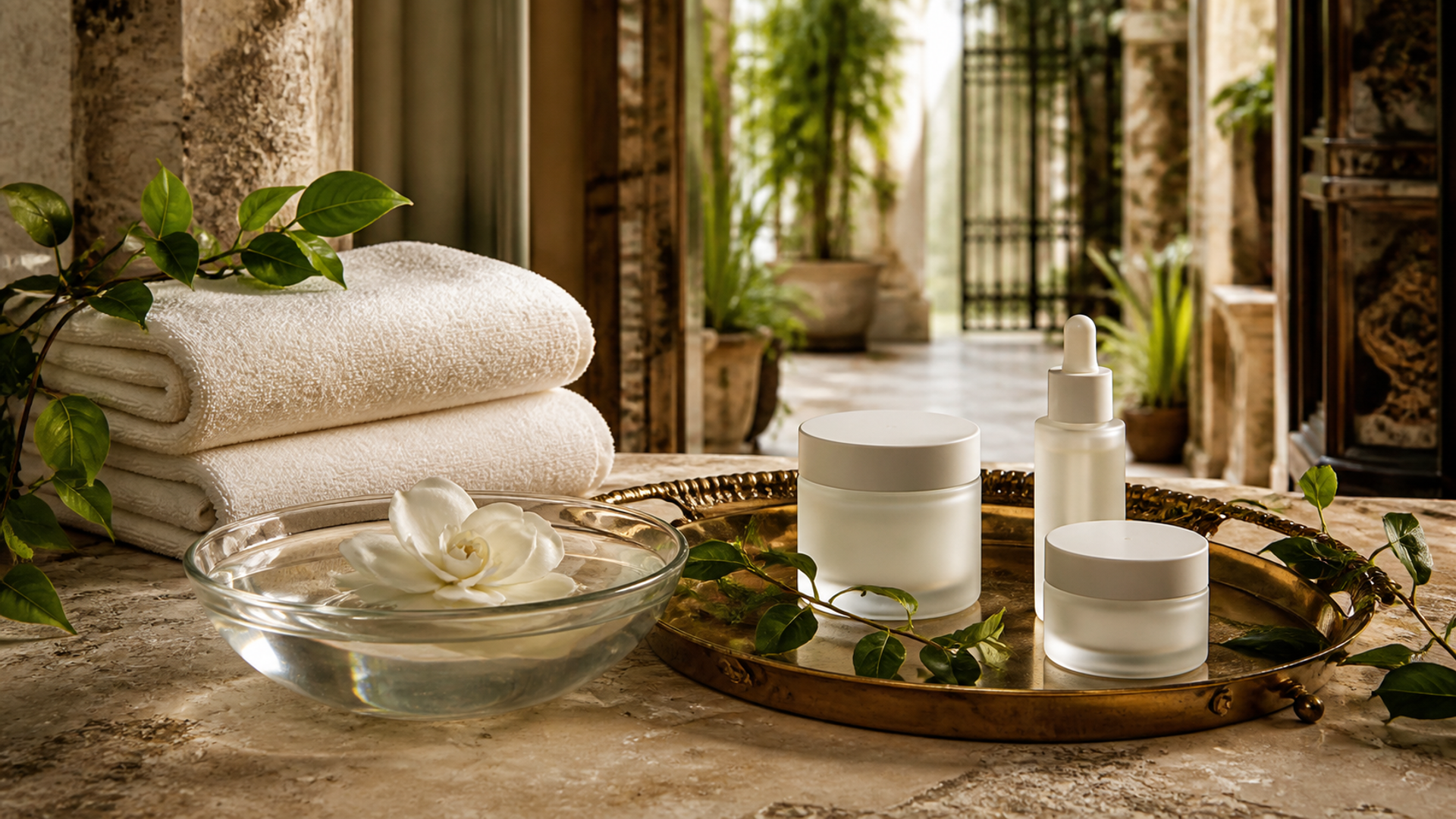 Spa towels and botanical skincare arranged on a brass tray